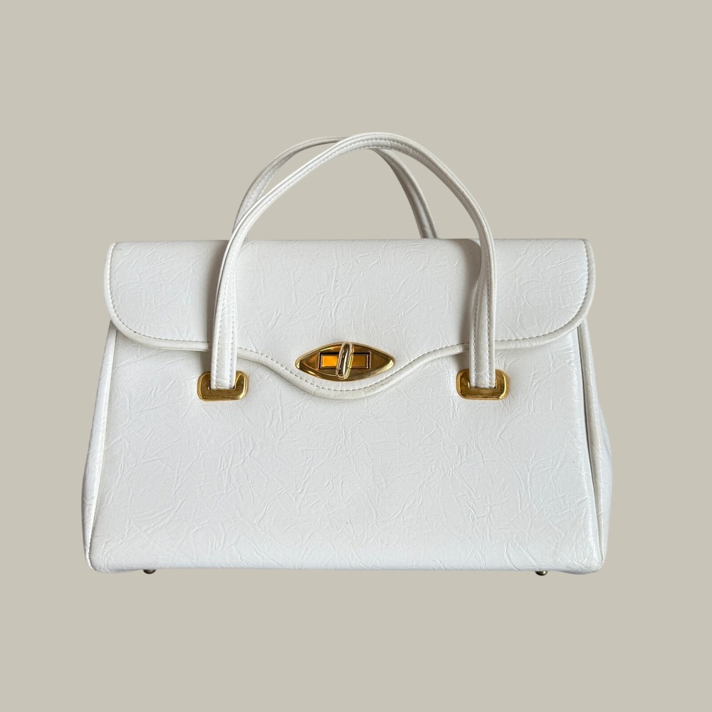Vintage Spilene White Structured Top Handle Handbag Turn Lock Made in USA